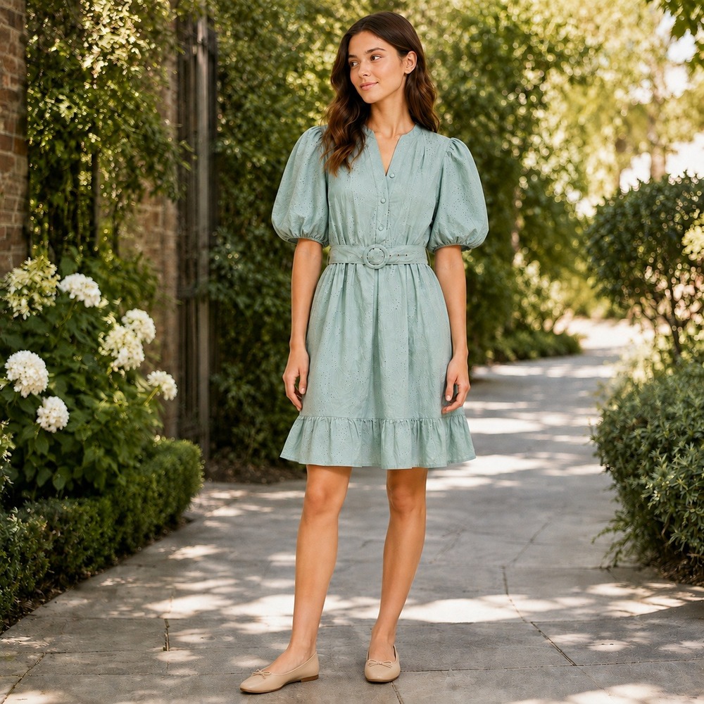 Joie Eyelet Mini Dress Sage Green Belted Ruffle Puff Sleeve WMS 4